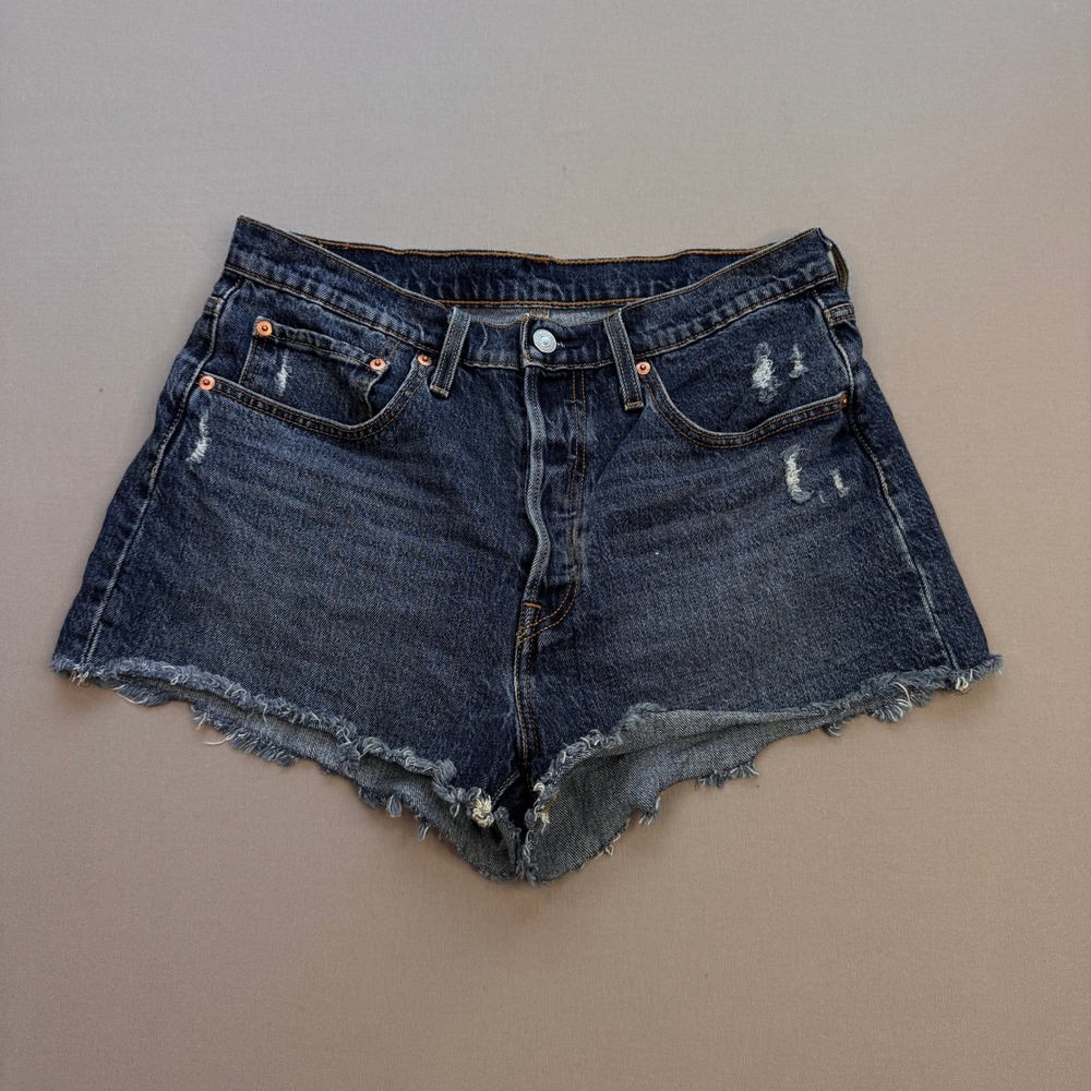 Levis 501 Original High Rise Cutoff Denim Shorts Dark Wash Distressed Size 30